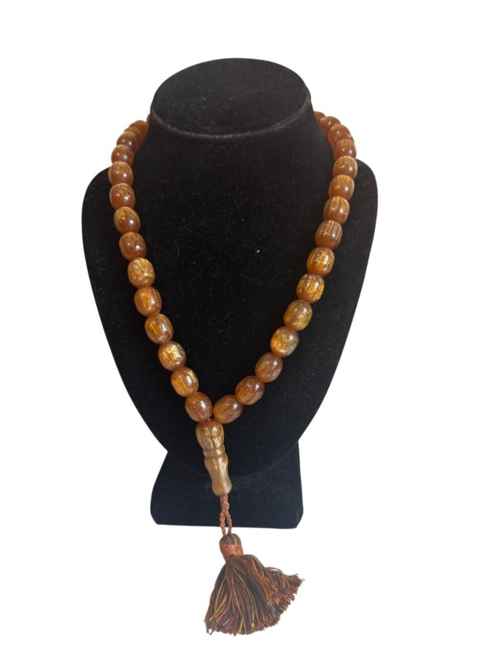 Prayer Beaded Necklace With Tassel Accent Brown Swirled Beads Iridescent Boho